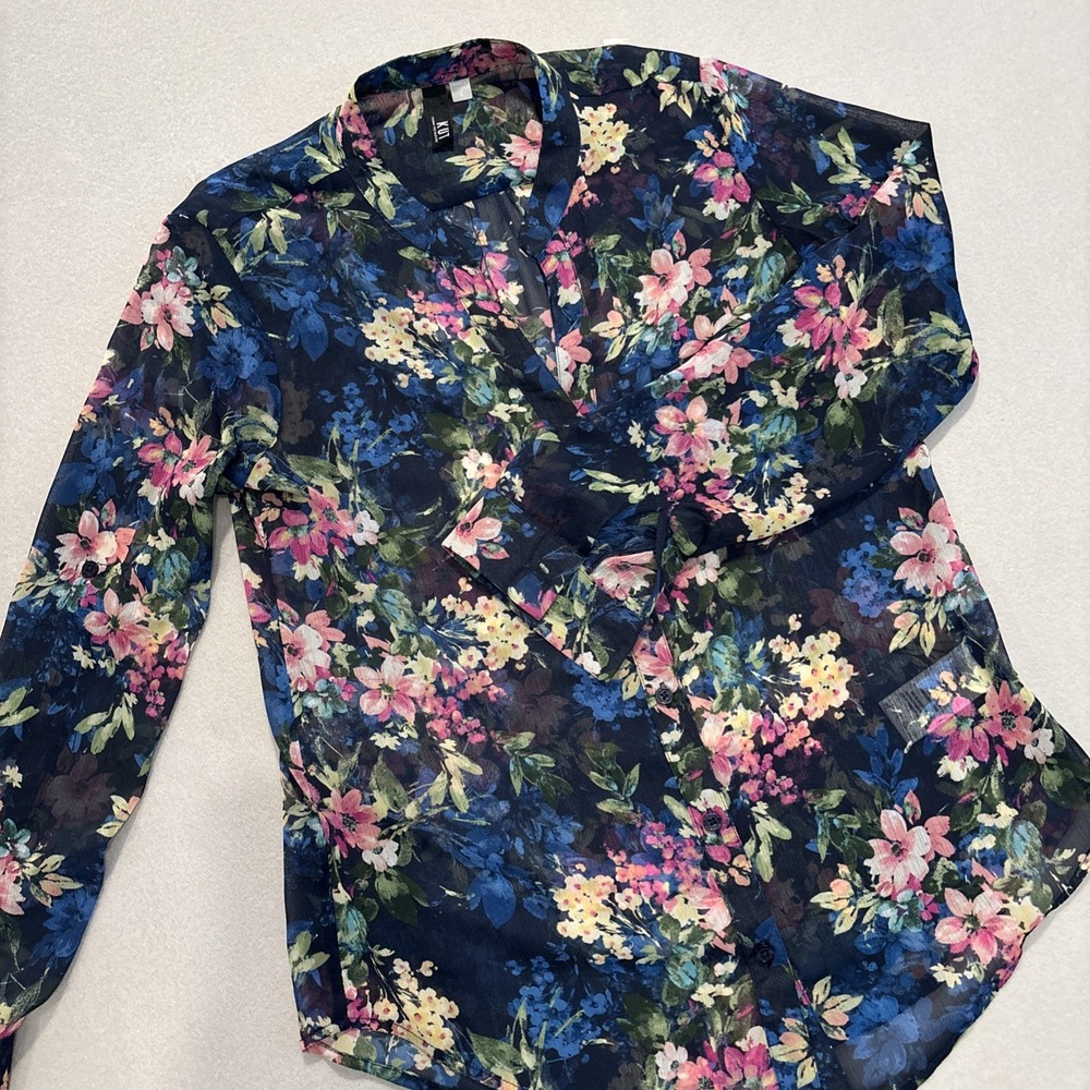 Kut From the Kloth SMALL BLUE Sheer Floral‎ Button Up Womens Blouse EXCELLENT